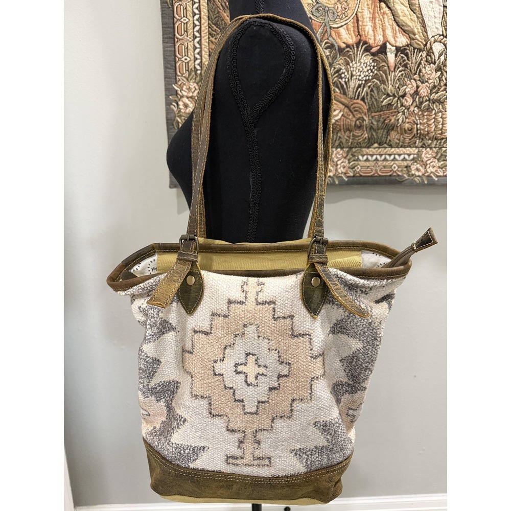 Myra Bag Tote Bag Womens Large Beige Aztec Canvas Leather Shoulder Purse Boho